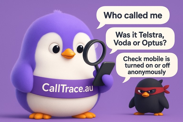 CallTrace.au ninja penguin mascot with red mask checking mobile numbers in australia